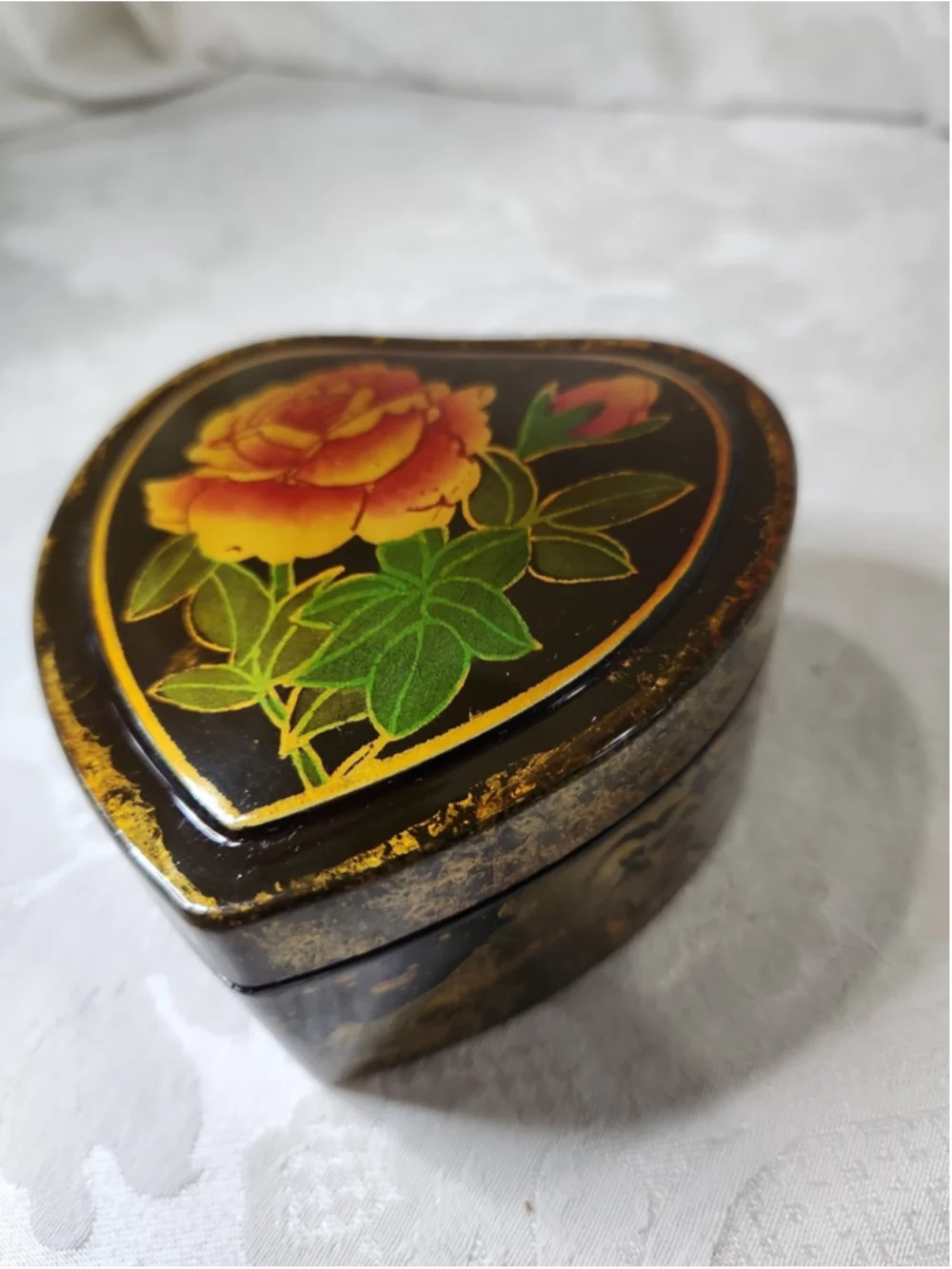 Vintage Chinese Black Lacquer Heart Trinket Box, Hand-Painted Roses 3.5”
